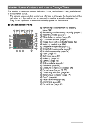 Page 99
The monitor screen uses various indicators, icons, and values to keep you informed 
of the camera’s status.
• The sample screens in this section are intended to show you the locations of all the 
indicators and figures that can appear on the monitor screen in various modes. 
They do not represent screens that actually appear on the camera.
.Snapshot Recording
Monitor Screen Contents and How to Change Them
1Remaining snapshot memory capacity 
(page 122)
2Remaining movie memory capacity (page 42)...