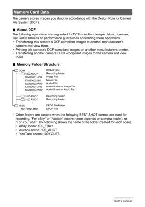 Page 9191Using the Camera with a Computer
The camera stores images you shoot in accordance with the Design Rule for Camera 
File System (DCF).
.About DCF
The following operations are supported for DCF-compliant images. Note, however, 
that CASIO makes no performance guarantees concerning these operations.
• Transferring this camera’s DCF-compliant images to another manufacturer’s 
camera and view them.
• Printing this camera’s DCF-compliant images on another manufacturer’s printer.
• Transferring another...