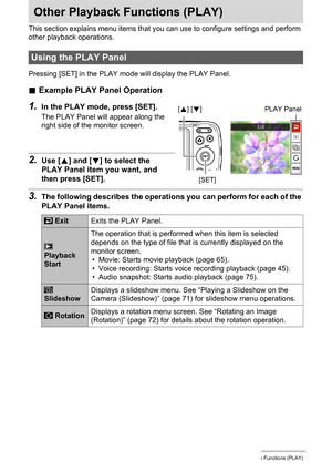 Page 6969Other Playback Functions (PLAY)
Other Playback Functions (PLAY)
This section explains menu items that you can use to configure settings and perform 
other playback operations.
Pressing [SET] in the PLAY mode will display the PLAY Panel.
.Example PLAY Panel Operation
1.In the PLAY mode, press [SET].
The PLAY Panel will appear along the 
right side of the monitor screen.
2.Use [8] and [2] to select the 
PLAY Panel item you want, and 
then press [SET].
3.The following describes the operations you can...