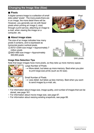 Page 2424Snapshot Tutorial
.Pixels
A digital camera image is a collection of small 
dots called “pixels”. The more pixels there are 
in an image, the more detail there will be. 
However, you generally can do with fewer 
pixels when printing an image (L size) 
through a print service, attaching an image to 
e-mail, when viewing the image on a 
computer, etc.
.About image sizes
The size of an image indicates how many 
pixels it contains, and is expressed as 
horizontal pixels
xvertical pixels.
13072x2304 size...