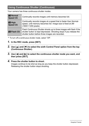 Page 3838Snapshot Tutorial
Your camera has three continuous shutter modes.
*To turn off a continuous shutter mode, select “Off”.
1.In the REC mode, press [SET].
2.Use [8] and [2] to select the sixth Control Panel option from the top 
(Continuous Shutter).
3.Use [4] and [6] to select the continuous shutter mode you want, and 
then press [SET].
4.Press the shutter button to shoot.
Images continue to be shot as long as you keep the shutter button depressed. 
Releasing the shutter button stops shooting.
Using...