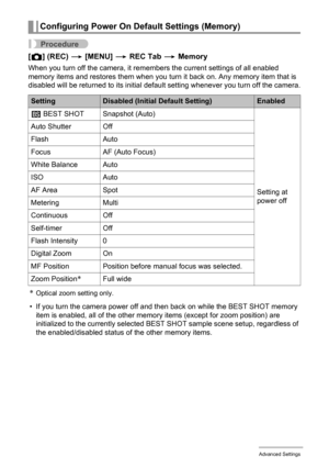 Page 6666Advanced Settings
Procedure
[r] (REC) * [MENU] * REC Tab * Memory
When you turn off the camera, it remembers the current settings of all enabled 
memory items and restores them when you turn it back on. Any memory item that is 
disabled will be returned to its initial default setting whenever you turn off the camera.
*Optical zoom setting only.
• If you turn the camera power off and then back on while the BEST SHOT memory 
item is enabled, all of the other memory items (except for zoom position) are...
