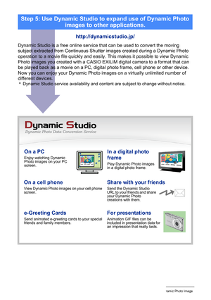 Page 18714Creating a Dynamic Photo Image
On a PCEnjoy watching Dynamic 
Photo images on your PC 
screen.In a digital photo 
frame
Play Dynamic Photo images 
in a digital photo frame.
On a cell phoneView Dynamic Photo images on your cell phone 
screen.Share with your friendsSend the Dynamic Studio 
URL to your friends and share 
your Dynamic Photo 
creations with them.
e-Greeting CardsSend animated e-greeting cards to your special 
friends and family members.For presentationsAnimation GIF files can be 
included...