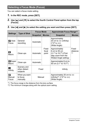 Page 4040Snapshot Tutorial
You can select a focus mode setting.
1.In the REC mode, press [SET].
2.Use [8] and [2] to select the fourth Control Panel option from the top 
(Focus).
3.Use [4] and [6] to select the setting you want and then press [SET].
*1
The focus range is the distance from the lens surface.*2The minimum changes along with the optical zoom setting.
Selecting a Focus Mode (Focus)
SettingsType of ShotFocus ModeApproximate Focus Range*1
SnapshotMoviesSnapshotMovies
Q Auto 
FocusGeneral...