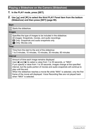 Page 9292Other Playback Functions (PLAY)
1.In the PLAY mode, press [SET].
2.Use [8] and [2] to select the third PLAY Panel item from the bottom 
(Slideshow) and then press [SET] (page 90).
Playing a Slideshow on the Camera (Slideshow)
Start
Starts the slideshow.
Images
Specifies the type of images to be included in the slideshow.
All images: Snapshots, movies, and audio recordings
T Only: Snapshots and audio snapshots only
» Only: Movies only
Time
Time from the start to the end of the slideshow
1 to 5 minutes,...