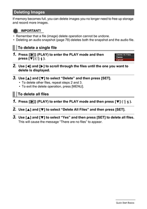 Page 2929Quick Start Basics
If memory becomes full, you can delete images you no longer need to free up storage 
and record more images.
IMPORTANT!
• Remember that a file (image) delete operation cannot be undone.
• Deleting an audio snapshot (page 78) deletes both the snapshot and the audio file.
1.Press [p] (PLAY) to enter the PLAY mode and then 
press [2] ( ).
2.Use [4] and [6] to scroll through the files until the one you want to 
delete is displayed.
3.Use [8] and [2] to select “Delete” and then press...