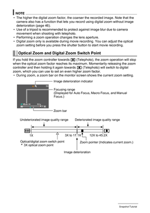 Page 4646Snapshot Tutorial
NOTE
• The higher the digital zoom factor, the coarser the recorded image. Note that the 
camera also has a function that lets you record using digital zoom without image 
deterioration (page 46).
• Use of a tripod is recommended to protect against image blur due to camera 
movement when shooting with telephoto.
• Performing a zoom operation changes the lens aperture.
• Digital zoom only is available during movie recording. You can adjust the optical 
zoom setting before you press the...