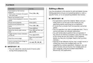 Page 126126
PLAYBACK
 IMPORTANT! 
• You can adjust the volume level of movie audio
during movie playback only.
Editing a Movie
Use the procedure in this section to edit and delete movies.
Editing operations let you cut everything before or after a
specific frame, or to cut everything between two frames.
 IMPORTANT! 
• Cut operations cannot be undone. Make sure you
really want to cut the part of the movie you are
specifying before executing the cut operation.
• A movie that is shorter than five seconds cannot be...