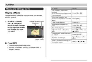 Page 128PLAYBACK
128
Playing and Editing a Movie
Playing a Movie
Use the following procedure to play a movie you recorded
with this camera.
1.In the PLAY mode,
use [] and [] to
scroll through movies
on the monitor screen
and display the one
you want.
2.Press [SET].
•This starts playback of the movie.
•You can perform the following operations while a
movie is playing.
Movie icon
Elapsed recording time
Image quality
To do this:
Fast forward or fast reverse
playback
•Each press increases the speed
one more step....