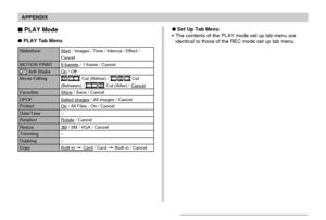 Page 227APPENDIX
227
 PLAY Mode
PLAY Tab Menu
Slideshow
MOTION PRINT
 Anti Shake
Movie Editing
Favorites
DPOF
Protect
Date/Time
Rotation
Resize
Trimming
Dubbing
Copy
Start / Images / Time / Interval / Effect /
Cancel
9 frames / 1 frame / Cancel
On / Off
 Cut (Before) /  Cut
(Between) /  Cut (After) / Cancel
Show / Save / Cancel
Select images / All images / Cancel
On / All Files : On / Cancel
–
Rotate / Cancel
3M / 2M / VGA / Cancel
–
–
Built-in 
 Card / Card  Built-in / Cancel
Set Up Tab Menu
•The contents of...