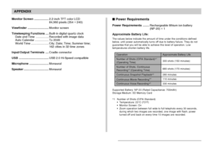 Page 242APPENDIX
242
Supported Battery: NP-20 (Rated Capacitance: 700mAh)
Storage Medium: SD Memory Card
*1 Number of Shots (CIPA Standard)
•Temperature: 23°C (73°F)
•Monitor Screen: On
•Zoom operation between full wide to full telephoto every 30 seconds,
during which two images are recorded, one image with flash; power
turned off and back on every time 10 images are recorded.
 Power Requirements
Power Requirements........Rechargeable lithium ion battery
(NP-20) × 
1
Approximate Battery Life:
The values below...