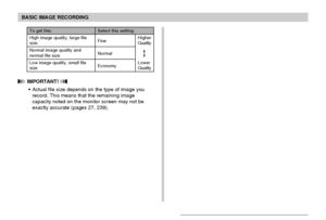 Page 70BASIC IMAGE RECORDING
70
 IMPORTANT! 
• Actual file size depends on the type of image you
record. This means that the remaining image
capacity noted on the monitor screen may not be
exactly accurate (pages 27, 239).
Fine
Normal
Economy
To get this:
Higher
Quality
Lower
Quality
Select this setting:
High image quality, large file
size
Normal image quality and
normal file size
Low image quality, small file
size
Downloaded From camera-usermanual.com Casio Manuals 