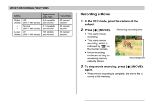 Page 99OTHER RECORDING FUNCTIONS
99
HQ(640 ×
 480 pixels)
Normal
(640 ×
 480 pixels)
LP
(320 ×
 240 pixels)
Setting
Higher
Quality
Lower
QualityApproximate
Data Rate
4.0 megabits
per second
2.1 megabits
per second
745 kilobits
per secondFrame Rate
30 frames/second
30 frames/
second
15 frames/
second
Recording a Movie
1.In the REC mode, point the camera at the
subject.
2.Press [] (MOVIE).
• This starts movie
recording.
• This starts movie
recording, which is
indicated by “
REC” on
the monitor screen.
• Movie...