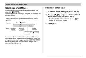 Page 100OTHER RECORDING FUNCTIONS
100
Recording a Short Movie
Short Movie records a movie of preset length each time
you press [] (MOVIE).
Short Movie consists basically of two parts, as shown in the
illustration below.
• When 4-second past part and 4-second future part is
specified
Store
Stores the 
previous 
4 seconds.Recording  
of the future  
part starts.
Recording stops automatically 
4 seconds after [     ] (MOVIE) 
is pressed.Storage
complete. Operation ➝Press [      ] MOVIE
Record
Action ➝
You can...