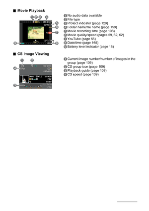 Page 1313
.Movie Playback
.CS Image Viewing
1No audio data available
2File type
3Protect indicator (page 128)
4Folder name/file name (page 158)
5Movie recording time (page 108)
6Movie quality/speed (pages59,62, 62)
7YouTube (page 66)
8Date/time (page 165)
9Battery level indicator (page 18)
1Current image number/number of images in the 
group (page 109)
2CS group icon (page 109)
3Playback guide (page 109)
4CS speed (page 109)
134
5
6
7
892
12
4
3
Downloaded From camera-usermanual.com Casio Manuals 