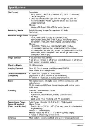 Page 198198Appendix
Specifications
File FormatSnapshots:
RAW (DNG*), JPEG (Exif Version 2.2); DCF 1.0 standard; 
DPOF compliant
*DNG file format is one type of RAW image file, and it is 
recommended by Adobe Systems for use as a standard 
image file format.
Movies:
Motion JPEG AVI, IMA-ADPCM audio (stereo)
Recording MediaBuilt-in Memory (Image Storage Area: 85.9MB)
SD/SDHC
Recorded Image SizesSnapshot:
RAW, 10M (3648
x2736), 3:2 (3648x2432), 
16:9 (3648x2048), 9M (3456x2592), 7M (3072x2304), 
4M (2304x1728), 2M...