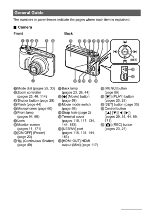 Page 99
The numbers in parentheses indicate the pages where each item is explained.
.Camera
General Guide
1Mode dial (pages 25, 33)
2Zoom controller 
(pages 25, 46, 114)
3Shutter button (page 25)
4Flash (page 44)
5Microphones (page 60)
6Front lamp 
(pages 94, 98)
7Lens
8Monitor screen 
(pages 11, 171)
9[ON/OFF] (Power) 
(page 23)
bkÕ (Continuous Shutter) 
(page 49)
blBack lamp 
(pages 23, 26, 44)
bm[0] (Movie) button 
(page 59)
bnMovie mode switch 
(page 59)
boStrap hole (page 2)
bpTerminal cover 
(pages 115,...