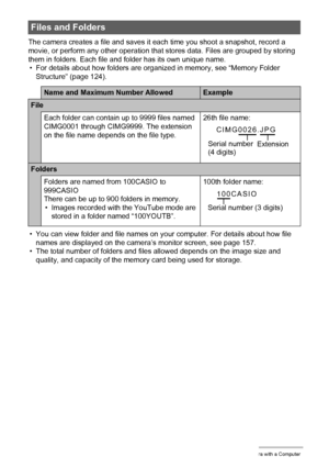 Page 123123Using the Camera with a Computer
The camera creates a file and saves it each time you shoot a snapshot, record a 
movie, or perform any other operation that stores data. Files are grouped by storing 
them in folders. Each file and folder has its own unique name.
• For details about how folders are organized in memory, see “Memory Folder 
Structure” (page 124).
• You can view folder and file names on your computer. For details about how file 
names are displayed on the camera’s monitor screen, see page...