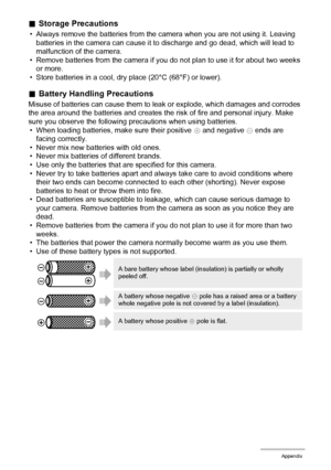 Page 147147Appendix
.Storage Precautions
• Always remove the batteries from the camera when you are not using it. Leaving 
batteries in the camera can cause it to discharge and go dead, which will lead to 
malfunction of the camera.
• Remove batteries from the camera if you do not plan to use it for about two weeks 
or more.
• Store batteries in a cool, dry place (20°C (68°F) or lower).
.Battery Handling Precautions
Misuse of batteries can cause them to leak or explode, which damages and corrodes 
the area...