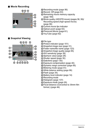 Page 157157Appendix
.Movie Recording
.Snapshot Viewing
1Recording mode (page 56)
2Record: Off (page 63)
3Remaining movie memory capacity 
(page 169)
4Movie quality (HD/STD movie) (pages 56, 59)/Recording speed (high speed movie) 
(pege 59)
5Current movie fps indicator
6Optical zoom (page 63)
7Prerecord Movie (page 61)
8YouTube (page 62)
1File type
2Protect indicator (page 101)
3Snapshot image size (page 31)
4Folder name/file name (page 123)
5Snapshot image quality (page 85)
6ISO sensitivity (page 38)
7Aperture...