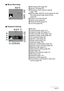 Page 157157Appendix
.Movie Recording
.Snapshot Viewing
1Recording mode (page 56)
2Record: Off (page 63)
3Remaining movie memory capacity 
(page 169)
4Movie quality (HD/STD movie) (pages 56, 59)/Recording speed (high speed movie) 
(pege 59)
5Current movie fps indicator
6Optical zoom (page 63)
7Prerecord Movie (page 61)
8YouTube (page 62)
1File type
2Protect indicator (page 101)
3Snapshot image size (page 31)
4Folder name/file name (page 123)
5Snapshot image quality (page 85)
6ISO sensitivity (page 38)
7Aperture...