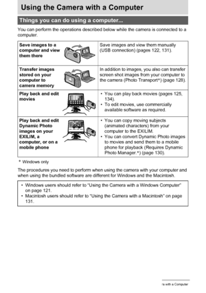 Page 120120Using the Camera with a Computer
Using the Camera with a Computer
You can perform the operations described below while the camera is connected to a 
computer.
*Windows only
The procedures you need to perform when using the camera with your computer and 
when using the bundled software are different for Windows and the Macintosh.
Things you can do using a computer...
Save images to a 
computer and view 
them thereSave images and view them manually 
(USB connection) (pages 122, 131).
Transfer images...