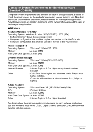 Page 162162Appendix
Computer system requirements are different for each of the applications. Be sure to 
check the requirements for the particular application you are trying to use. Note that 
the values provided here are minimum requirements for running each application. 
Actual requirements are greater, depending on the number of images and the sizes of 
the images being handled.
0Windows
YouTube Uploader for CASIO
• Sufficient memory to run the operating system
• Computer configuration that enables playback...