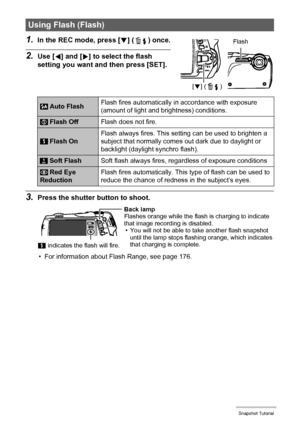 Page 4040Snapshot Tutorial
1.In the REC mode, press [2] ( ) once.
2.Use [4] and [6] to select the flash 
setting you want and then press [SET].
3.Press the shutter button to shoot.
• For information about Flash Range, see page 176.
Using Flash (Flash)
 Auto FlashFlash fires automatically in accordance with exposure 
(amount of light and brightness) conditions.
 Flash OffFlash does not fire.
 Flash OnFlash always fires. This setting can be used to brighten a 
subject that normally comes out dark due to daylight...