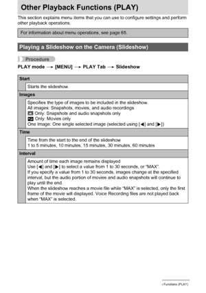 Page 9494Other Playback Functions (PLAY)
Other Playback Functions (PLAY)
This section explains menu items that you can use to configure settings and perform 
other playback operations.
Procedure
PLAY mode * [MENU] * PLAY Tab * Slideshow
For information about menu operations, see page 65.
Playing a Slideshow on the Camera (Slideshow)
Start
Starts the slideshow.
Images
Specifies the type of images to be included in the slideshow.
All images: Snapshots, movies, and audio recordings
T Only: Snapshots and audio...