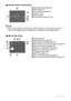 Page 1111
.Shutter Button Half-pressed
.Movie Recording
1Recording mode (page 25)
2Flash (page 40)
3ISO sensitivity (page 45)
4Aperture value
5Shutter speed
6Focus frame (pages 26, 44)
NOTE
• If the current aperture, shutter speed, ISO sensitivity, or Auto Exposure is not 
correct, the setting will turn orange when you half-press the shutter button.
1Flash (page 40)
2Recording mode (page 53)
3White balance setting (page 83)
4Remaining movie memory capacity (page 53)
5Movie recording time (page 53)
6Exposure...