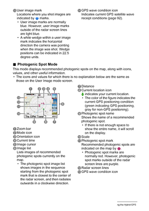 Page 101101Using the Hybrid-GPS
bnUser image mark
Locations where you shot images are 
indicated by   marks.
• User image marks are normally 
blue. However, user image marks 
outside of the radar screen lines 
are light blue.
• A white wedge within a user image 
mark indicates the horizontal 
direction the camera was pointing 
when the image was shot. Wedge 
positions can be indicated in 22.5 
degree units.boGPS wave condition icon
Indicates current GPS satellite wave 
receipt conditions (page 92).
.Photogenic...