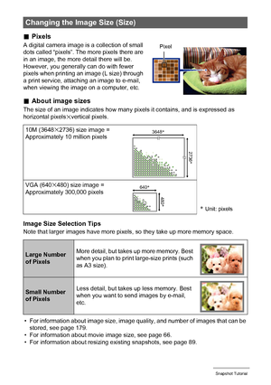 Page 3535Snapshot Tutorial
.Pixels
A digital camera image is a collection of small 
dots called “pixels”. The more pixels there are 
in an image, the more detail there will be. 
However, you generally can do with fewer 
pixels when printing an image (L size) through 
a print service, attaching an image to e-mail, 
when viewing the image on a computer, etc.
.About image sizes
The size of an image indicates how many pixels it contains, and is expressed as 
horizontal pixelsxvertical pixels.
Image Size Selection...