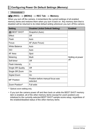 Page 6464Advanced Settings
Procedure
[r] (REC) * [MENU] * REC Tab * Memory
When you turn off the camera, it remembers the current settings of all enabled 
memory items and restores them when you turn it back on. Any memory item that is 
disabled will be returned to its initial default setting whenever you turn off the camera.
*Optical zoom setting only.
• If you turn the camera power off and then back on while the BEST SHOT memory 
item is enabled, all of the other memory items (except for zoom position) are...