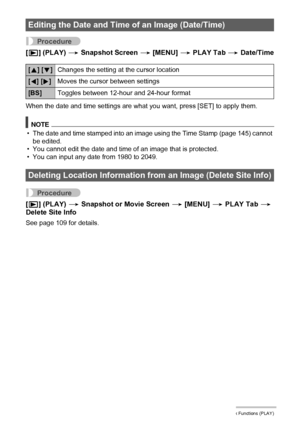 Page 8888Other Playback Functions (PLAY)
Procedure
[p] (PLAY) * Snapshot Screen * [MENU] * PLAY Tab * Date/Time
When the date and time settings are what you want, press [SET] to apply them.
NOTE
• The date and time stamped into an image using the Time Stamp (page 145) cannot 
be edited.
• You cannot edit the date and time of an image that is protected.
• You can input any date from 1980 to 2049.
Procedure
[p] (PLAY) * Snapshot or Movie Screen * [MENU] * PLAY Tab * 
Delete Site Info
See page 109 for details....