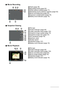 Page 1212
.Movie Recording
.Snapshot Viewing
.Movie Playback
1Flash (page 36)
2Recording mode (page 52)
3White balance setting (page 77)
4Remaining movie memory capacity (page 52)
5Movie recording time (page 52)
6Exposure compensation (page 76)
7Battery level indicator (page 18)
1File type
2Protect indicator (page 95)
3Folder name/file name (page 130)
4Snapshot image quality (page 75)
5Snapshot image size (page 33)
6ISO sensitivity (page 78)
7Aperture value
8Shutter speed
9Date/time (page 137)
bkBattery level...