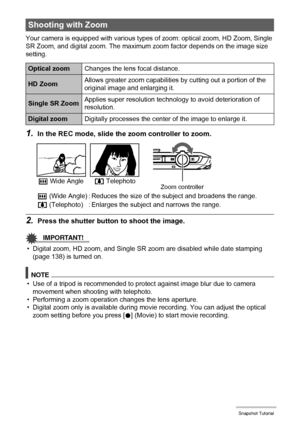 Page 4747Snapshot Tutorial
Your camera is equipped with various types of zoom: optical zoom, HD Zoom, Single 
SR Zoom, and digital zoom. The maximum zoom factor depends on the image size 
setting.
1.In the REC mode, slide the zoom controller to zoom.
2.Press the shutter button to shoot the image.
IMPORTANT!
• Digital zoom, HD zoom, and Single SR zoom are disabled while date stamping 
(page 138) is turned on.
NOTE
• Use of a tripod is recommended to protect against image blur due to camera 
movement when...