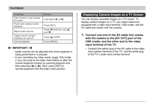 Page 142142
PLAYBACK
 IMPORTANT! 
• Audio volume can be adjusted only when playback is
being performed or is paused.
• If your recording has index marks (page 104) inside
it, you can jump to the index mark before or after the
current playback location by pausing playback and
then pressing [] or []. Next, press [SET] to
resume playback from the index mark position.
To do this:
Fast forward or fast reverse
the audio
Pause and unpause audio
playback
Adjust audio volume
Toggle monitor screenindicators on and off...