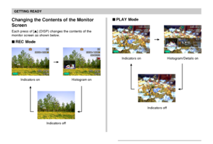 Page 30GETTING READY
30
Indicators on Histogram/Details on
Indicators off
 PLAY Mode
Indicators off Indicators on Histogram on
Changing the Contents of the Monitor
Screen
Each press of [] (DISP) changes the contents of the
monitor screen as shown below.
 REC Mode
Downloaded From camera-usermanual.com Casio Manuals 