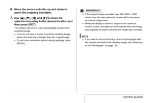 Page 165
165EDITING IMAGES
6.Move the zoom controller up and down to 
zoom the cropping boundary.
7.Use [ S], [ T], [ W], and [ X] to move the 
selection boundary to the desired location and 
then press [SET].
The camera will correct color automatically and save the 
corrected image.
• If you do not want a border around the resulting image, 
select and area that is smaller than the original image.
• To exit color restoration without saving anything, press 
[MENU].
IMPORTANT!
•If the original image is smaller...