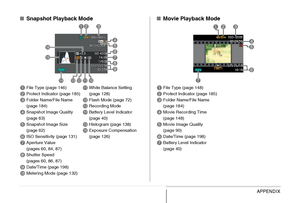 Page 254
254APPENDIX
■Snapshot Playback Mode
1File Type (page 146)
2Protect Indicator (page 185)
3Folder Name/File Name 
(page 184)
4Snapshot Image Quality 
(page 63)
5Snapshot Image Size 
(page 62)
6ISO Sensitivity (page 131)
7Aperture Value 
(pages 60, 84, 87)
8Shutter Speed 
(pages 60, 86, 87)
9Date/Time (page 198)
bkMetering Mode (page 132)
blWhite Balance Setting 
(page 128)
bmFlash Mode (page 72)
bnRecording Mode
boBattery Level Indicator 
(page 40)
bpHistogram (page 138)
bqExposure Compensation 
(page...