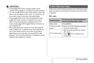 Page 54
54GETTING READY
IMPORTANT!
•Pressing [ S] (DISP) will not change monitor screen 
contents during standby or recording of an audio snapshot.
• You can use [ S] (DISP) to turn off the monitor screen only 
when voice recording in a REC mode. You cannot turn off 
the monitor screen for any other recording function.
• Pressing [ S] (DISP) in the Voice Recording REC mode 
toggles the monitor screen on (“indicators on”) and off. 
While a Voice Recording file is displayed in the PLAY 
mode, pressing [ S] (DISP)...