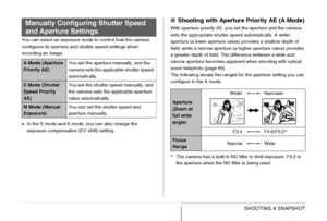 Page 84
84SHOOTING A SNAPSHOT
You can select an exposure mode to control how the camera 
configures its aperture and shutter speed settings when 
recording an image.
•In the S mode and A mode, you can also change the 
exposure compensation (EV shift) setting.
■ Shooting with Aperture Pr iority AE (A Mode)
With aperture priority AE, you set the aperture and the camera 
sets the appropriate shutter speed automatically. A wider 
aperture (a lower aperture value) provides a shallow depth of 
field, while a narrow...
