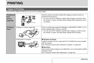 Page 219219PRINTING
PRINTING
There are three different methods you can use for printing images.
Types of Printing
Professional 
Print 
Service 
(page 220)Take the memory card that contains the images you want to print to a 
professional print service.
•You can use DPOF settings to specify which images you want to print, 
the number of copies, and date stamp settings before taking the card in 
for printing.
Printing at 
HomePrinting on a Printer (page 220) Print on a printer that supports PictBridge or USB...