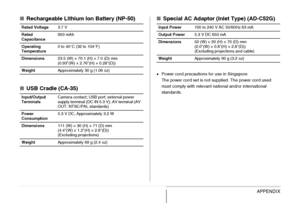 Page 288288APPENDIX
■Rechargeable Lithium Ion Battery (NP-50)
■USB Cradle (CA-35)■Special AC Adaptor (Inlet Type) (AD-C52G)
•Power cord precautions for use in Singapore
The power cord set is not supplied. The power cord used 
must comply with relevant national and/or international 
standards.
Rated Voltage3.7 V
Rated 
Capacitance950 mAh
Operating 
Temperature0 to 40°C (32 to 104°F)
Dimensions23.5 (W) × 70.1 (H) × 7.0 (D) mm
(0.93(W) × 2.76(H) × 0.28(D))
WeightApproximately 30 g (1.06 oz)
Input/Output...