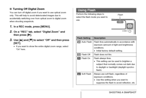 Page 7272SHOOTING A SNAPSHOT
■Turning Off Digital Zoom
You can turn off digital zoom if you want to use optical zoom 
only. This will help to avoid deteriorated images due to 
accidentally switching over from optical zoom to digital zoom 
when shooting snapshots.
1.In a REC mode, press [MENU].
2.On a “REC” tab, select “Digital Zoom” and 
then press [X].
3.Use [S] and [T] to select “Off” and then press 
[SET].
•If you want to show the entire digital zoom range, select 
“On” here.Perform the following steps to...