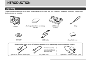 Page 2INTRODUCTION
2
INTRODUCTION
Unpacking
Check to make sure that all of the items shown below are included with your camera. If something is missing, contact your
dealer as soon as possible.
Rechargeable lithium ion battery
(NP-40)USB Cradle
(CA-24)
USB Cable Basic ReferenceCameraStrap
Special AC Adaptor (Inlet Type)
AC power cord *
*The shape of the AC
power cord plug varies
according to country or
geographic area.
aaaaaaa• Note that the shape of the AC adaptor depends on the area where you purchased the...