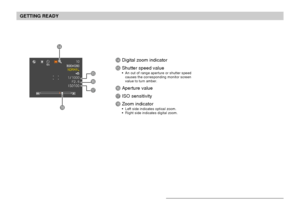 Page 23GETTING READY
23
E
F
G
D
H
DDigital zoom indicator
EShutter speed valueAn out of range aperture or shutter speed
causes the corresponding monitor screen
value to turn amber.
FAperture value
GISO sensitivity
HZoom indicatorLeft side indicates optical zoom.
Right side indicates digital zoom.
Downloaded From camera-usermanual.com Casio Manuals 