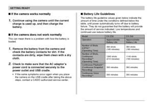 Page 31GETTING READY
31
Model
Operation
Number of Shots
(CIPA)*1
(Operating Time)
Number of Shots,
Continuous
Recording*
2
(Operating Time)
Continuous Playback*3
(Continuous SnapshotRecording)
Continuous Voice
Recording*4
EX-Z30
Apporoximate
Battery Life
360 shots
(180 minutes)
1260 shots
(210 minutes)
360 minutes
300 minutes
EX-Z40
Apporoximate
Battery Life
360 shots
(180 minutes)
1140 shots
(190 minutes)
360 minutes
300 minutes
 If the camera works normally
1.Continue using the camera until the current...