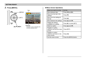 Page 40GETTING READY
40
SettingsSelection cursor (indicates the
currently selected item)
Tab
[MENU]
[
][ ][][ ] [SET]
2.Press [MENU].Menu Screen Operations
When you want to do this:
Move between tabs
Move from the tab to the
settings
Move from the settings to
the tab
Move between the settings
Display the options
available for a setting
Select an option
Register an option
selection and exit the menu
screen
Register an option
selection and return to the
menu screen
Exit the menu screen
Do this:
Press [] and...