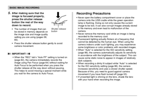 Page 4848
BASIC IMAGE RECORDING
5.After making sure that the
image is focused properly,
press the shutter release
button the rest of the way
down to record.
• The number of images that can
be stored in memory depends on
the image size and image quality
setting you are using (pages 58,
60).
• Press the shutter release button gently to avoid
camera movement.
 IMPORTANT! 
• When the “REC” tab’s “Auto PF” setting is turned on
(page 62), the camera immediately records the
image using Pan Focus (page 64) without...